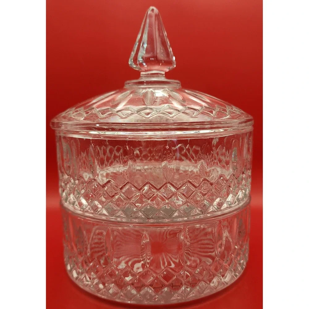 Vintage Clear Pressed Glass 2 Tier Stacked Candy Dish with Lid Diamond Pattern